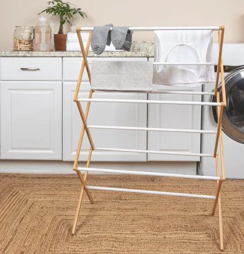 Vista 2 de Household Essentials Estante de secado de ropa plegable de bambú Acabado blanco, 11 tacos y estante de secado plano Ecológico estante plegable