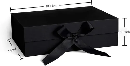 Vista 2 de Caja de regalo negra, cajas de regalo con tapas, 10.2 x 7.4 x 3.1 pulgadas, caja de regalo negra con cinta y cierre magnético para envolver regalos