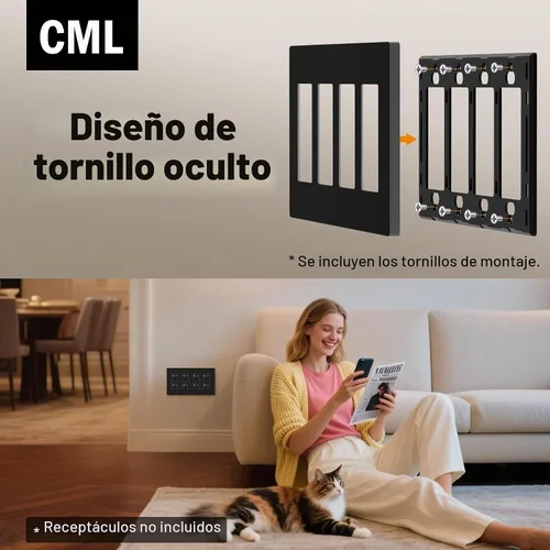 Vista 3 de CML Placa de Pared Decorativa Negra de 4 Posiciones Sin Tornillos, Paquete de 4 Placas de Interruptor de Luz y Cubierta Frontal para Receptáculo