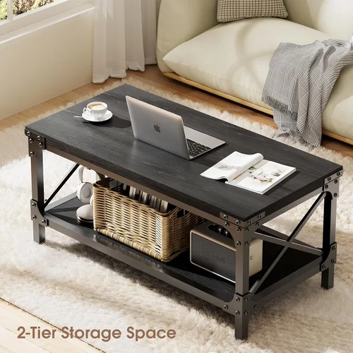 Vista 6 de Mesa de café rectangular para sala de estar, mesa de café rectangular de madera, mesa central industrial moderna de 2 niveles con tablero engrosado