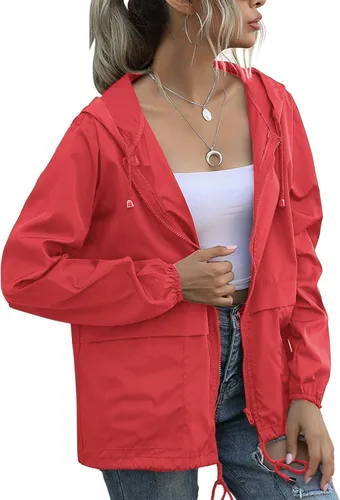 Vista 15 de PESION Chaqueta impermeable ligera para mujer, rompevientos con capucha y bolsillo para exteriores Verde militar