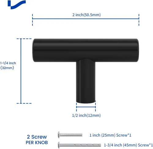 Vista 3 de LONTAN Paquete de 4 Pomos Negros para Gabinetes y Cajones Pomos de Gabinete de Cocina para Tocador Baño Moderno Herrajes Negros de Barra en T