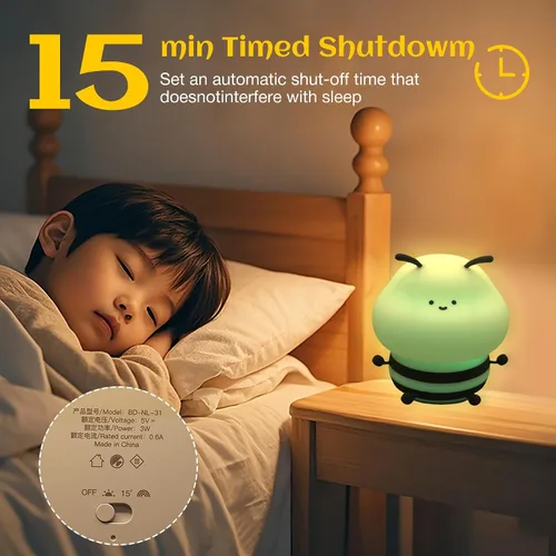 Vista 4 de Luz nocturna de abeja para niños, lámpara blanda, luz nocturna de animales, 3 niveles de brillo, lámpara para niños que cambia de color, lámparas