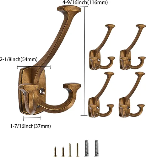 Vista 2 de Ganchos de latón antiguos grandes montados en la pared decorativos de doble cara resistentes para colgar abrigos, toallas, batas, bolsos, ganchos