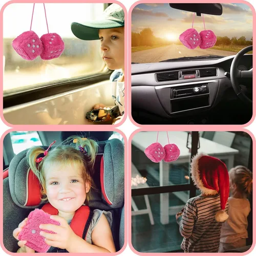 Vista 4 de Dados de felpa mullidos para espejo de automóvil, par retro de 3 pulgadas, dados peludos rosas con puntos para decoración colgante