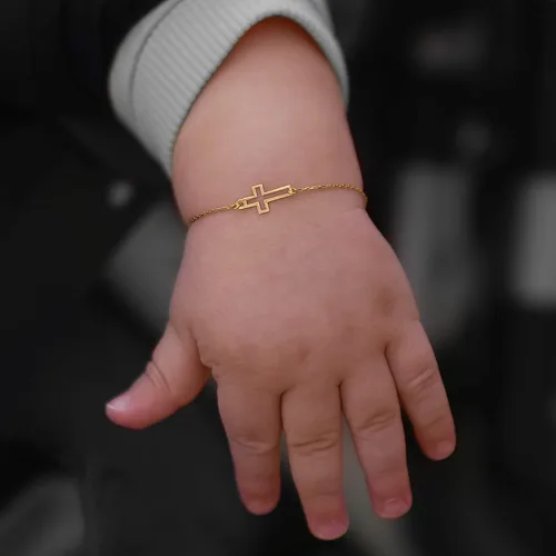Vista 2 de Pulsera de cruz de oro macizo de 14 quilates para mujeres, adolescentes, bebés, pulsera de cruz ajustable de oro real Pulsera chapada en oro