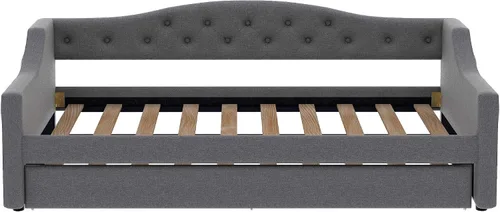 Vista 9 de Cama Diván Moderna Tamaño Twin XL con Cinturón LED y Cama Nido, Marco de Cama Plataforma de Madera con Cabecera Tapizada con Almacenamiento, Sofá