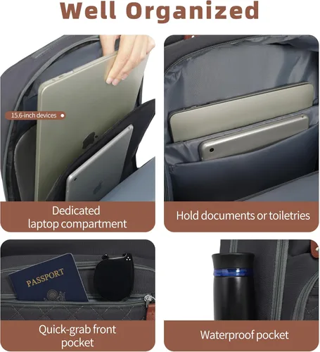 Vista 4 de Mochila con ruedas, mochila de viaje con ruedas, aprobada por vuelo, antirrobo, para laptop de 15.7 pulgadas, con puerto USB para hombres y mujeres