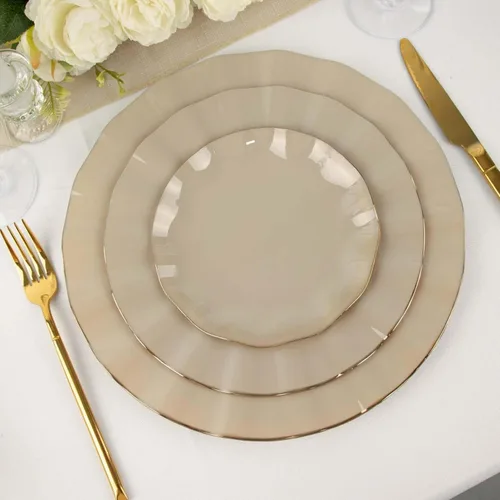 Vista 28 de Tableclothsfactory Paquete de 10 platos redondos de plástico negro de 6 pulgadas para ensalada de postre, platos desechables con borde ondulado
