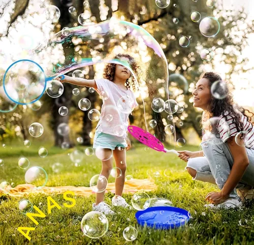 Vista 5 de Juego de varitas de burbujas de 11 piezas, kit de diversión de mega burbujas para niños y adultos, 9 varitas gigantes de hasta 8 pulgadas de ancho