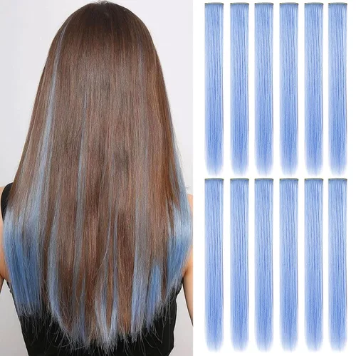 Vista 18 de 12 extensiones de cabello azul con clip en reflejos de 20 pulgadas, extensiones de cabello lacio de color liso con clip para mujer, peluca arcoíris