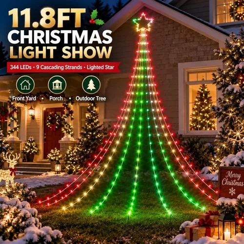 Vista 2 de Luces de decoración navideña para exteriores con estrella, pantalla inteligente de bricolaje personalizada de 100 modos, 3.6 m, cascada de árbol