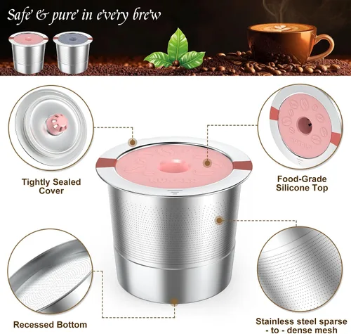 Vista 4 de Tazas K reutilizables para Keurig, cápsulas de café de acero Gris Rosa
