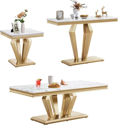 Vista 24 de SSLine Moderna mesa de centro de 1 pieza para sala de estar, mesa de centro de lujo de mármol sintético con patas de acero inoxidable en forma de S