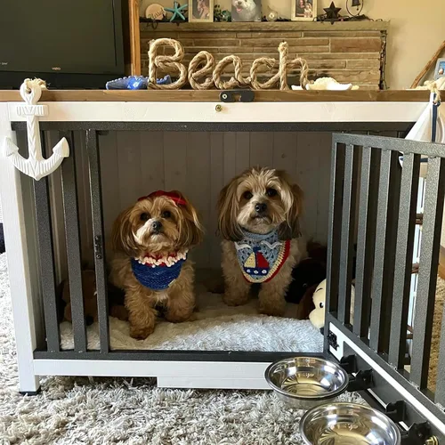 Vista 7 de Muebles plegables para perros de 39.4 pulgadas, mesa auxiliar grande con cuencos extraíbles giratorios de 360°, perrera interior para perros