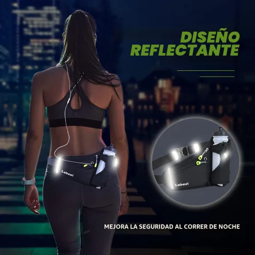 Vista 3 de Cinturón para Correr, Cinturón de Hidratación Impermeable con Soporte para Botella de Agua, Riñonera Reflectante Ajustable Compatible para Teléfono