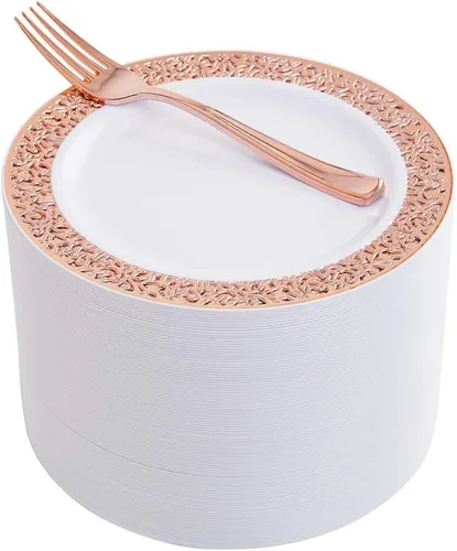 Vista 9 de Platos de postre de plástico plateado con tenedores de plástico, 100 platos cuadrados desechables para aperitivos, platos pequeños con borde Blanco