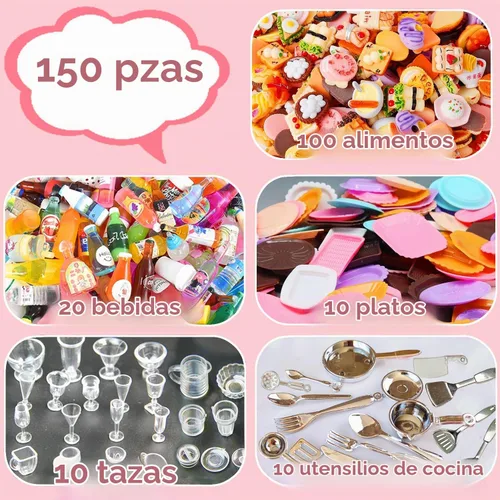Vista 2 de 150 piezas de comida en miniatura, bebidas, botellas, accesorios para casa de muñecas, 1:12, mini cosas, juego de juguetes, cocina simulada, juego
