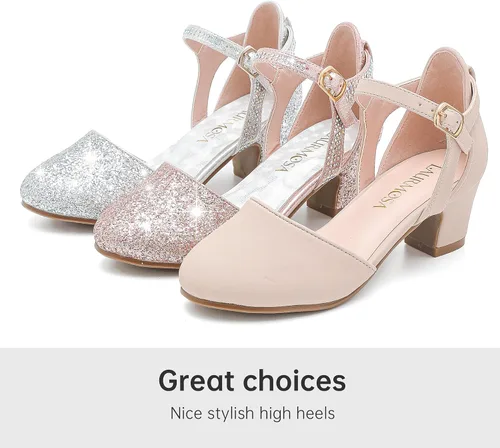 Vista 8 de Zapatos de vestir para niñas, puntera cerrada, tacones altos y gruesos, correa para el tobillo, zapatos de tacón para boda y fiesta