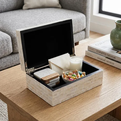 Vista 4 de PEMAR Caja de Joyería de Concha Capiz con Tapas Cofre del Tesoro Rectangular para Recuerdos, Caja de Almacenamiento Decorativa de Madera Nácar