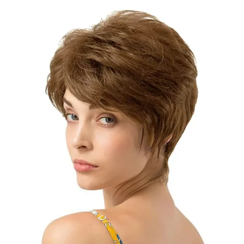 Vista 17 de Peluca sintética sin pegamento con capas Pixie corto para mujer, color negro, para uso diario, Cosplay