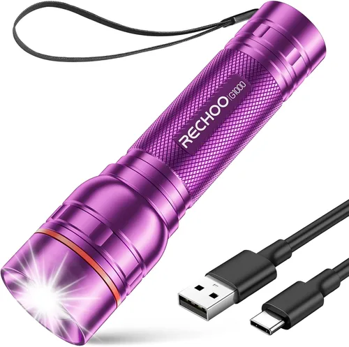Vista 19 de RECHOO Linternas recargables de alta luminosidad, G1000 súper brillante, pequeña linterna LED con zoom y 3 modos de iluminación, linterna táctica