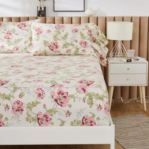 Vista 3 de ABREEZE Juego de sábanas con estampado floral beige, juego de ropa de cama bohemio, juego de ropa de cama de lujo de 4 piezas, medallón de damasco