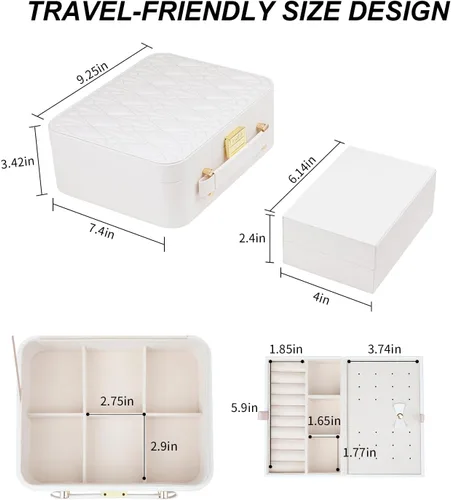Vista 7 de V-LAFUY Joyero blanco, organizador de joyas de viaje grande, organizador de joyas de 2 capas, organizador de joyas de viaje para mujeres, estuche
