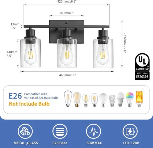 Vista 3 de 3 luces de tocador de baño, aplique de pared negro mate sobre espejo con cilindro templado de vidrio transparente grueso, accesorios de iluminación