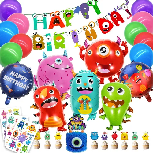 Vista 8 de Suministros de fiesta de monstruos, decoraciones de cumpleaños de monstruo: globos de monstruo, platos de papel, servilletas, tazas, cupcakes