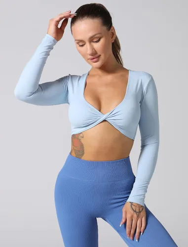 Vista 5 de ABOCIW Camiseta corta de entrenamiento de manga larga para mujer, con cuello en V profundo, con relleno, brasier deportivo, camiseta de yoga de bajo