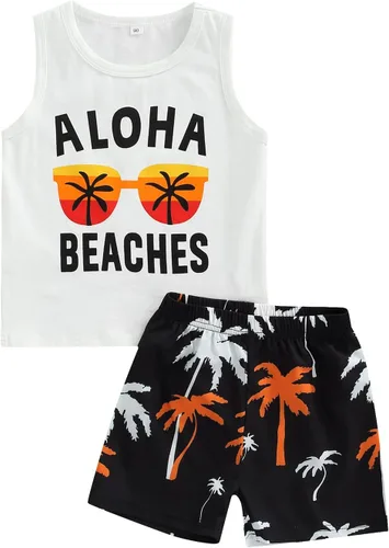 Vista 10 de Conjunto de pantalones cortos para niños pequeños, camiseta estampada junto al mar, 2 piezas, ropa de verano Conjunto de verano y árbol