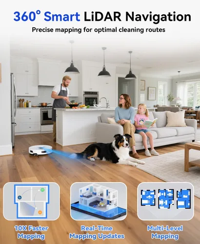 Vista 5 de Robot aspirador 20,000 Pa Robot aspirador y trapeador, robot de vacío de 90 días de autovaciado, navegación Lidar, robot aspirador de aplicación