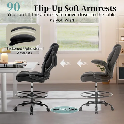 Vista 5 de Silla ergonómica de dibujo, silla de oficina alta para escritorio de pie, silla de escritorio de pie con respaldo alto con reposabrazos abatibles