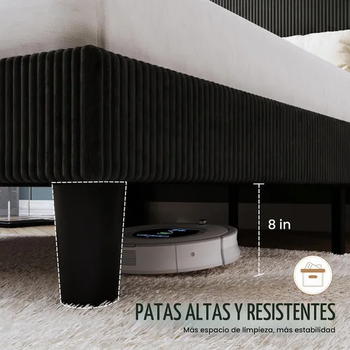 Vista 6 de SHA CERLIN - Base de cama tamaño Full tapizada en pana con plataforma y cabecera acolchada con diseño acanalado vertical estilo wingback, 8