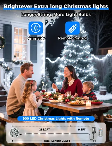 Vista 2 de Luces LED de Navidad para Exteriores, 295 Pies 900 Luces LED para Árbol de Navidad y Cerca con Control Remoto - 8 Modos de Iluminación y 3
