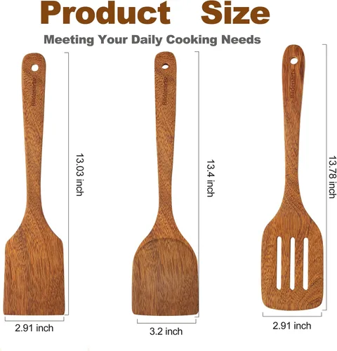 Vista 9 de Juego de 3 espátulas de madera natural, cuchara de cocina de madera maciza, antiadherente, utensilios de cocina ranurados, cucharas de madera