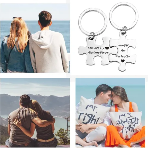 Vista 2 de Llavero a juego para parejas para novio, novia, cumpleaños, aniversario, regalos de Navidad para marido, esposa, pareja, rompecabezas, llavero