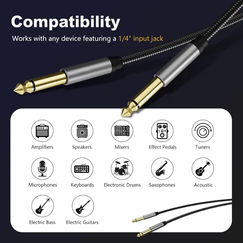 Vista 4 de Cable de instrumento de 6,35 mm 3 pies, cable de conector Jack mono 6,35 mm 1/4 pulgadas TS plateado premium desequilibrado, cable de parche