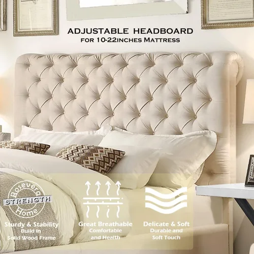 Vista 4 de Rosevera Atherine - Marco de cama tapizado de tela con cabecera ajustable, estilo Chesterfield, cabeza enrollada, soporte de listones de madera