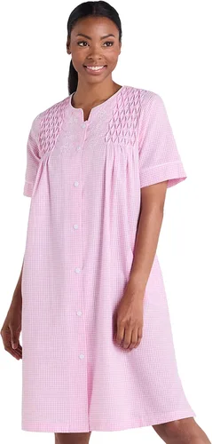 Vista 5 de Miss Elaine Bata corta de seersucker para mujer, cierre de broches frontal y mangas cortas, dos bolsillos delanteros, ropa de dormir y ropa