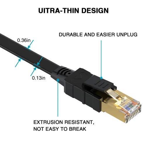 Vista 4 de Cable Ethernet Cat 8 de 30 pies, cable de conexión LAN de Internet plano blindado negro de alta velocidad, 26 AWG 40 Gbps 2000 Mhz SFTP con chapado