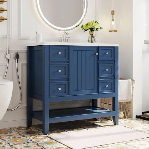 Vista 26 de Tocador de baño multifuncional de 30 pulgadas con lavabo individual, armario combinado de montaje inferior, marco de gabinete de baño de madera