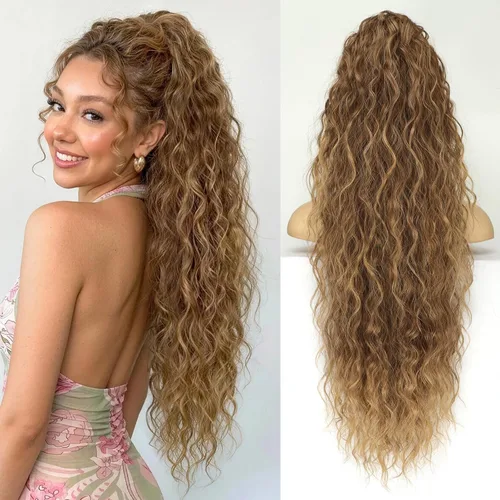 Vista 34 de KooKaStyle Extensión de cola de caballo con cordón de 26 pulgadas (66 cm) para mujeres, extensiones de cabello sintético rizado largo para uso