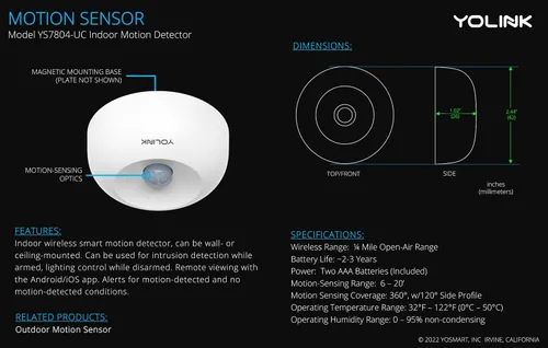 Vista 3 de YoLink LoRa - Sensores de movimiento inteligentes de rango inalámbrico de 1/4, detector de movimiento para interiores, Alexa, IFTTT, asistente