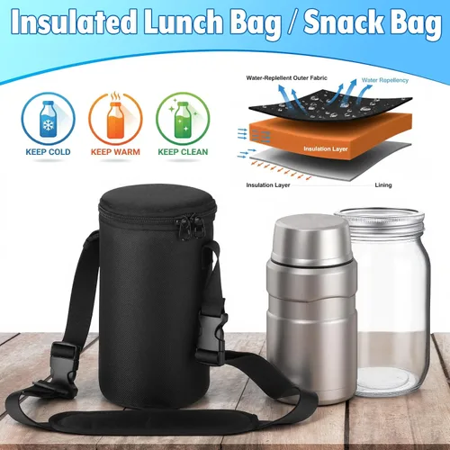 Vista 5 de Bolsa de almuerzo aislada para tarros de alimentos, compatible con termo de 24 onzas, bolsa de boca ancha para tarros Mason con correa ajustable