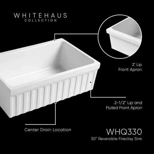 Vista 5 de Whitehaus WHQ330-WH Farmhaus Quatro Alcove - Fregadero reversible de arcilla refractaria de 30 pulgadas con delantal estriado, color blanco