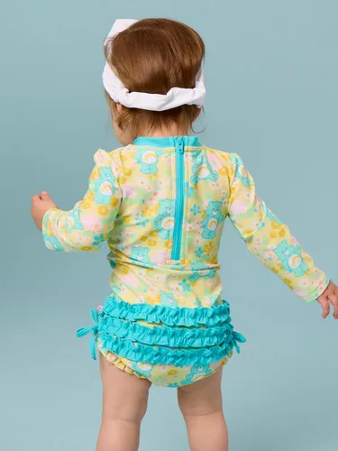 Vista 7 de RuffleButts - Traje de baño de una pieza con protección solar UPF 50+, camiseta de protección floral estampado, manga larga, con cierre zipper