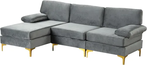 Vista 5 de Sofá modular moderno en forma de L, con diván extra ancho y patas doradas Gris