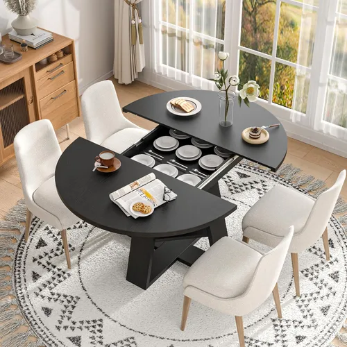 Vista 7 de Mesa de comedor redonda extensible de 43.3 a 59 pulgadas para 4 a 8, moderna mesa de comedor ovalada de cocina con hojas extraíbles, ahorro